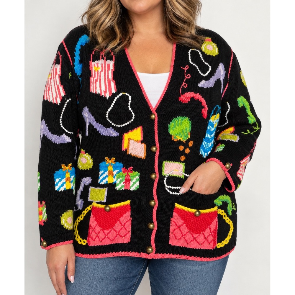 Cardigan Bay Vintage 90s Hand Knit Fashion Novelty Cardigan L Y2K Retro